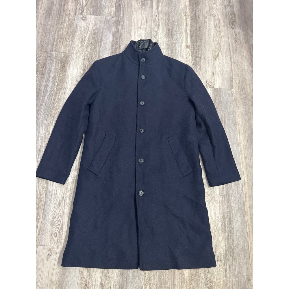 Zara Mens Navy Blue Wool Blend Overcoat with Removable Puffer Bib Size Medium